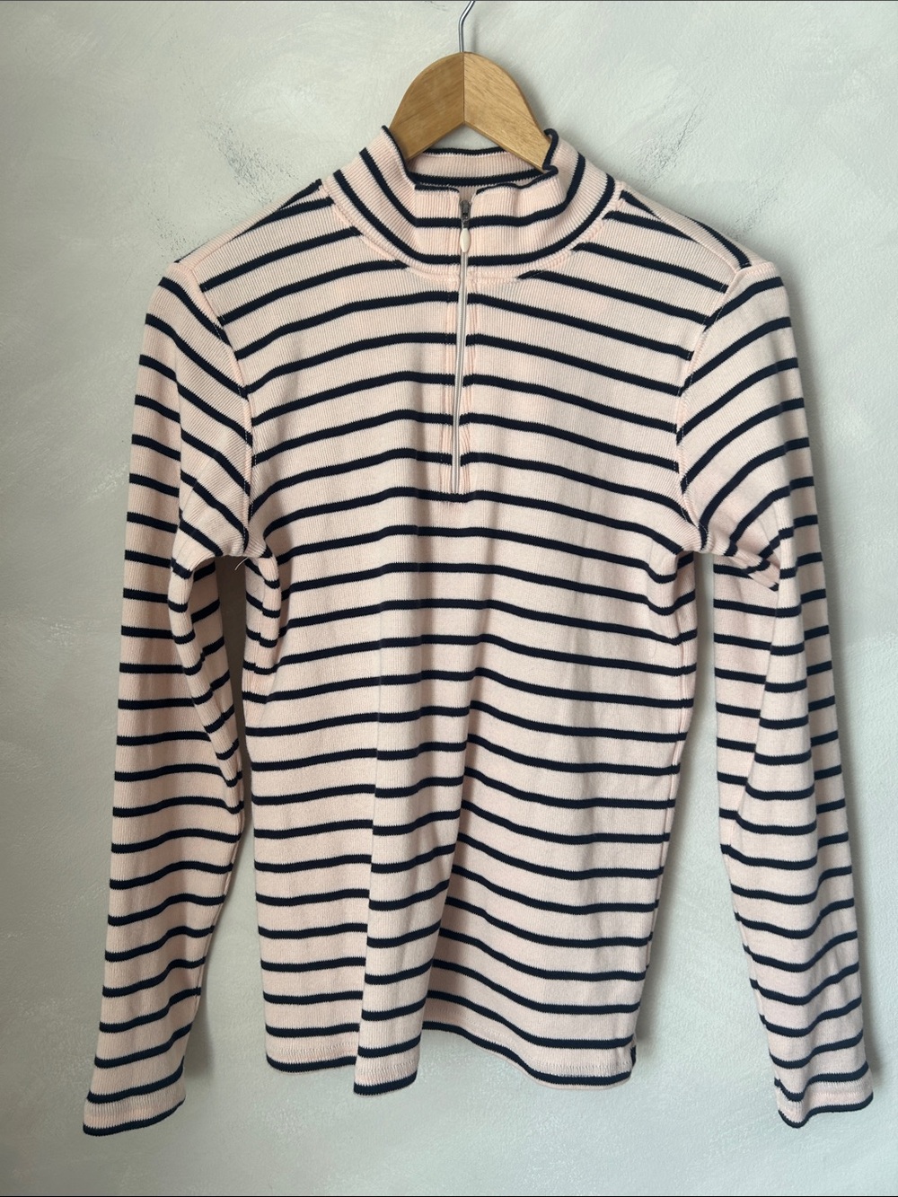 L.L. Bean Nautical Striped Cotton 1/4 Zip Mock Neck Long Sleeve Top Medium Cream - Picture 1 of 7